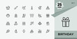 © falconixit - Birthday icons set in linear style. Contains related to decoration, event, celebration, cake, balloon, food. Minimal icon pack. Set-1