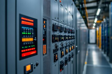 Poster - Electrical control panels showing various lights and switches in server room