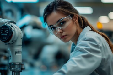 Fototapete - Industrial robotics engineer working with a robot arm in a factory setting