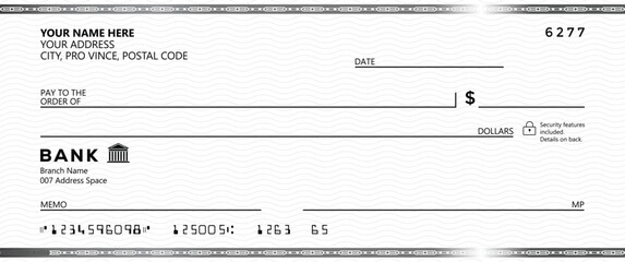Wall Mural - blank bank check, checkbook cheque template with blue guilloche, vector mockup. money payment bank c