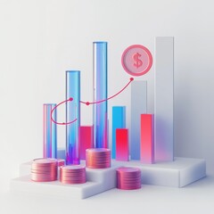Aufkleber - Financial Growth Visualization: Bar Chart with Ascending Line and Dollar Coin Illustration, Clean Minimalist Design.