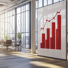 Poster - Modern Office with Red Growth Chart and City View: Business Success and Corporate Strategy Presentation