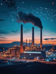 Poster - Industrial complex illuminated at night with smoke rising from chimneys against a colorful sky. Generative AI