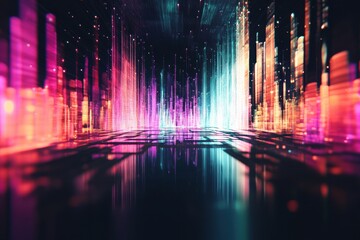 Poster - Colorful digital cityscape with vibrant light beams and reflections creating a futuristic atmosphere. Generative AI