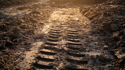 Leinwandbilder - Tire tracks on wet ground during sunrise at a construction site with soft, muddy terrain. Generative AI