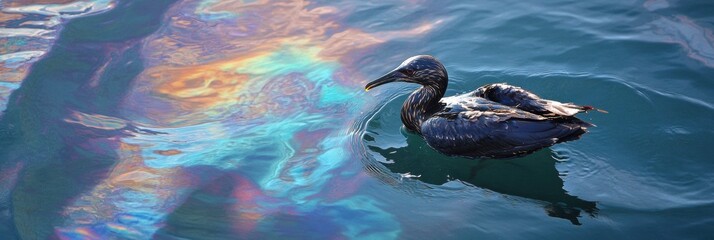Wall Mural - seabird struggles in polluted waters with rainbow sheen from oil spill. generative ai