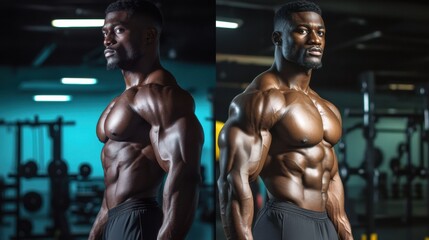 Poster - Muscular man showcasing impressive physique during strength training session at fitness center. Generative AI
