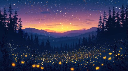 Wall Mural - magical night landscape with stars and glowing flowers at dusk