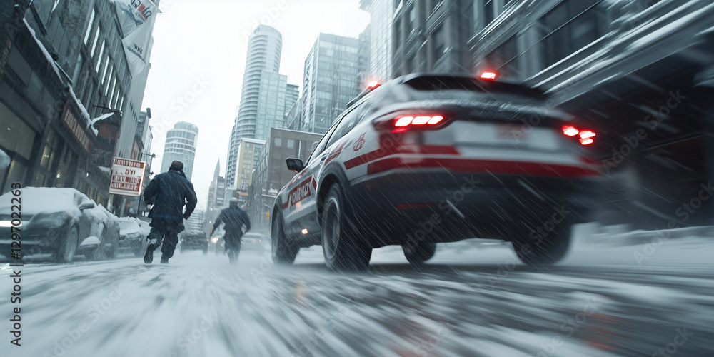 City Chase: The dramatic rush of a police car through snow-covered city ...
