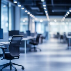 Aufkleber - Modern Office Interior with Empty Desks and Chairs in a Serene Blue Tone Ambiance, Ready for Employees.