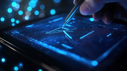 Leinwandbilder - Creating a digital design with a stylus on a tablet illuminated by blue lighting effects. Generative AI