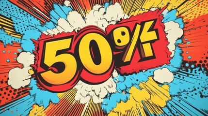 Poster - Bold 50 percent sale announcement in vibrant retro comic book style for fashion promotions. Generative AI