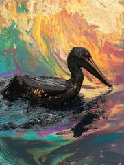 Poster - Seabird struggles in oil spill on ocean surface with rainbow sheen, highlighting environmental crisis. Generative AI