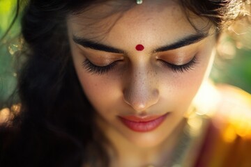 Wall Mural - A close-up shot of a woman with her eyes closed, focused on the moment