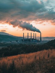 Poster - Smokestacks release emissions into the sky at sunset near a power plant surrounded by hills. Generative AI