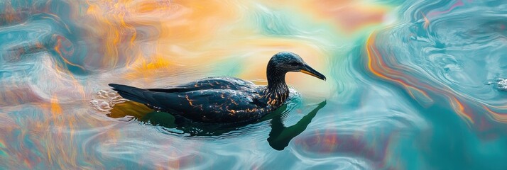 Wall Mural - oil spill impacts marine life as seabird struggles in polluted ocean surface. generative ai