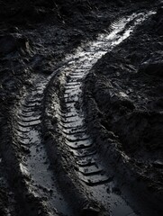 Leinwandbilder - Mud covered tire tracks weave through a wet and muddy landscape during early morning light. Generative AI