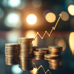 Poster - Financial Growth: Stacks of Coins with a Rising Arrow on a Reflective Surface, Implying a Positive Economic Trend