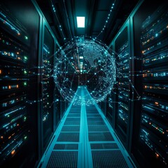 Aufkleber - Global Data Network in a Server Room: Connectivity and Processing Power in the Digital Age