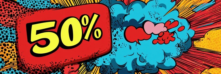 Aufkleber - Massive 50 percent sale promotion with vibrant retro comic book style design for fashion collections. Generative AI