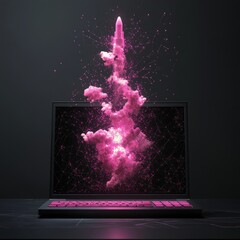Aufkleber - Pink Rocket Launching from Laptop Screen with Network Connections and Digital Vapors