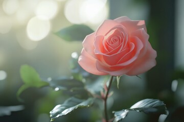 Canvas Print - A single pink rose with green leaves in the foreground