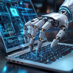 Poster - Robot Hand Typing on Laptop Keyboard with Futuristic Technology Display and Illuminated Buttons