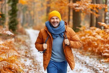 A happy man is hiking during an autumn season forest walk