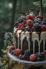 Canvas Print - A delicious-looking chocolate cake topped with fresh berries and creamy icing, perfect for special occasions or everyday treats