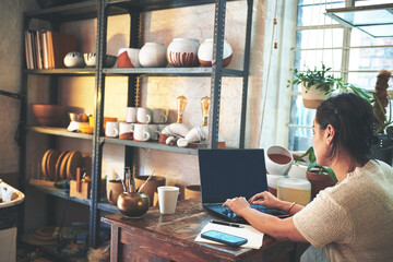 Aufkleber - Laptop, typing and pottery with woman in studio for ceramic inventory, clay and mockup. Small business, sculptor checklist and artist with person in workshop for gallery info, order and startup