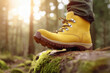 © Mselected - Bright yellow hiking boots stand on a mossy log in a sunlit forest during morning