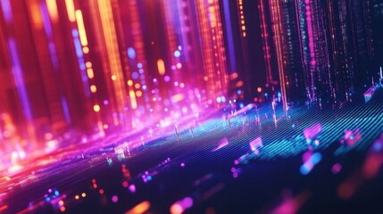 Leinwandbilder - Vibrant abstract digital art with colorful lines creating a futuristic landscape of light. Generative AI
