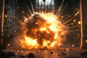 Wall Mural - A massive cloud of orange and yellow smoke erupts into the air, filled with fiery sparks