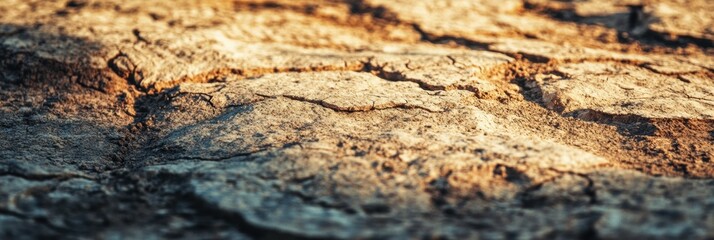 Poster - Cracked earth under golden sunlight showcases the effects of drought during sunset in a rural landscape. Generative AI