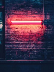 Poster - Neon light illuminates vintage brick wall in urban setting at night. Generative AI