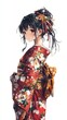 © chanchai - Japanese Beauty in Kimono: A captivating portrait of a beautiful woman adorned in a vibrant red kimono with floral patterns, embodying grace and traditional Japanese elegance.