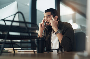 Fototapete - Computer engineer, design and headache with man in office for website coding or programming deadline. Burnout, fatigue and problem solving with programmer employee in creative workplace for overtime