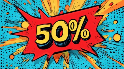 Aufkleber - Retro comic book style sale graphic with 50 percent discount in colorful burst design suitable for fashion promotions. Generative AI