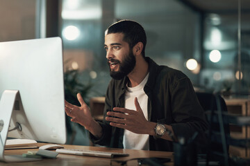 Fototapete - Success, surprise and computer with business man in office for good news, project approval and reading. Winner, achievement and startup funding with person in creative agency for profit at night