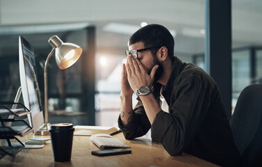 Fototapete - Computer, eye strain and headache with man in office for website coding or programming deadline. Burnout, fatigue and stress with frustrated programmer employee in creative workplace for overtime
