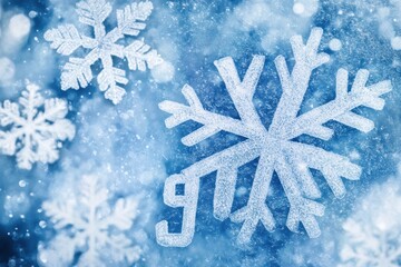 Fototapete - Snowflakes create a delicate winter wonderland in a frosty blue background during a cold day. Generative AI