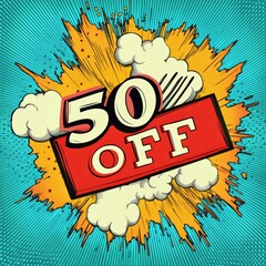Aufkleber - Big retro comic sale announcement with 50 percent off for fashion items in vibrant colors and dynamic design elements. Generative AI