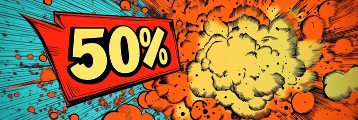 Aufkleber - Bold sale announcement with exploding background and 50 percent discount in retro comic book style for fashion promotions. Generative AI