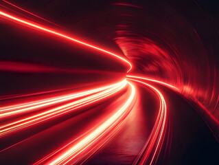 Wall Mural - red light waves take the shape of an electric tunnel, glowing lines appear on a black background wit