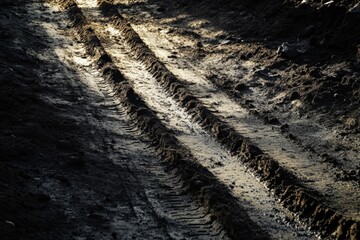 Leinwandbilder - Tire tracks left in muddy ground during early morning light create an interesting pattern in the landscape. Generative AI