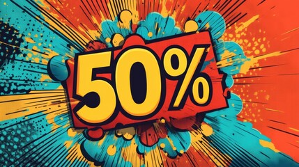 Aufkleber - Bold retro comic sale announcement featuring 50 percent discount for fashion items with colorful explosion background. Generative AI