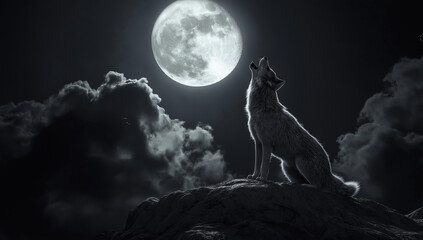 Wall Mural - A captivating scene of a wolf in silhouette against a bright moon and dramatic clouds, perfect for conveying a sense of adventure and the allure of the wild