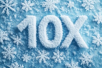 Leinwandbilder - Snowflakes surround a frosty 10X on a blue background perfect for winter themes and seasonal greetings. Generative AI