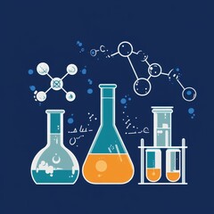 Colorful scientific lab equipment with orange and blue liquids on a dark blue background.