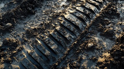 Leinwandbilder - Tire tracks in wet dirt showcase the impact of vehicles on natural landscapes during early morning light. Generative AI